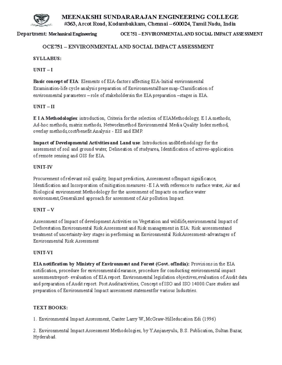 ESIA Notes - OCE751 – ENVIRONMENTAL AND SOCIAL IMPACT ASSESSMENT ...