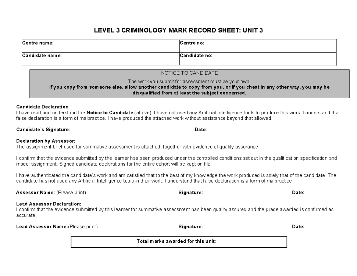 Unit 3 declaration and marksheet - LEVEL 3 CRIMINOLOGY MARK RECORD ...