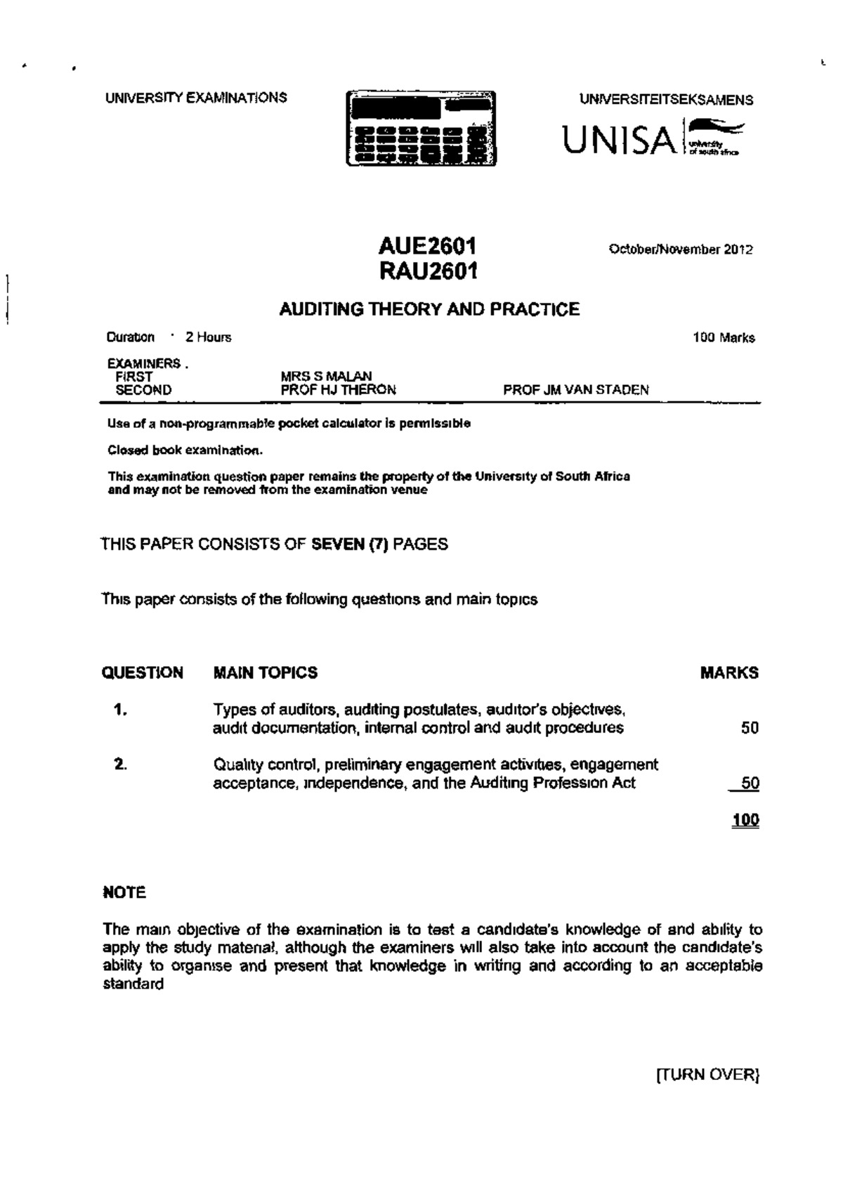 AUE2601 2012 10 Exam - EXAM - FAC2601 - Unisa - Studocu