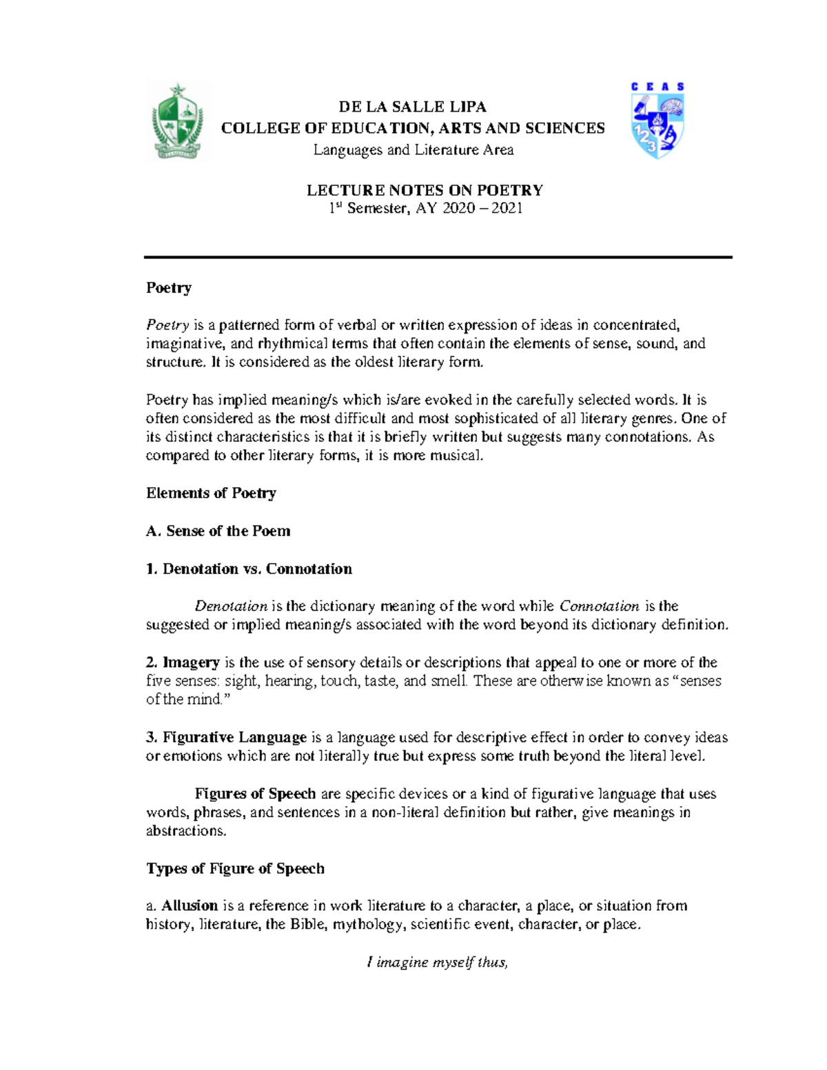Lecture Notes Poetry 2020 DE LA SALLE LIPA COLLEGE OF EDUCATION