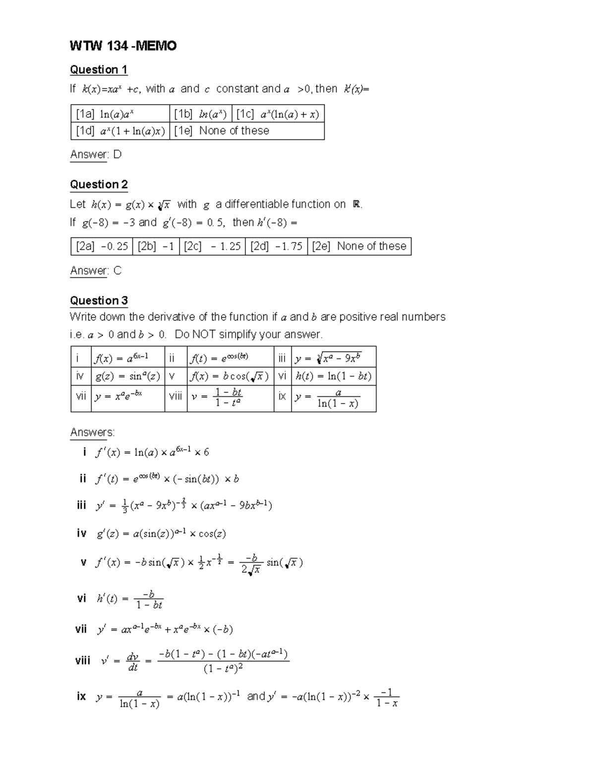 Memo of Worksheet differentiation - WTW 134 - MEMO Question 1 If k x ...