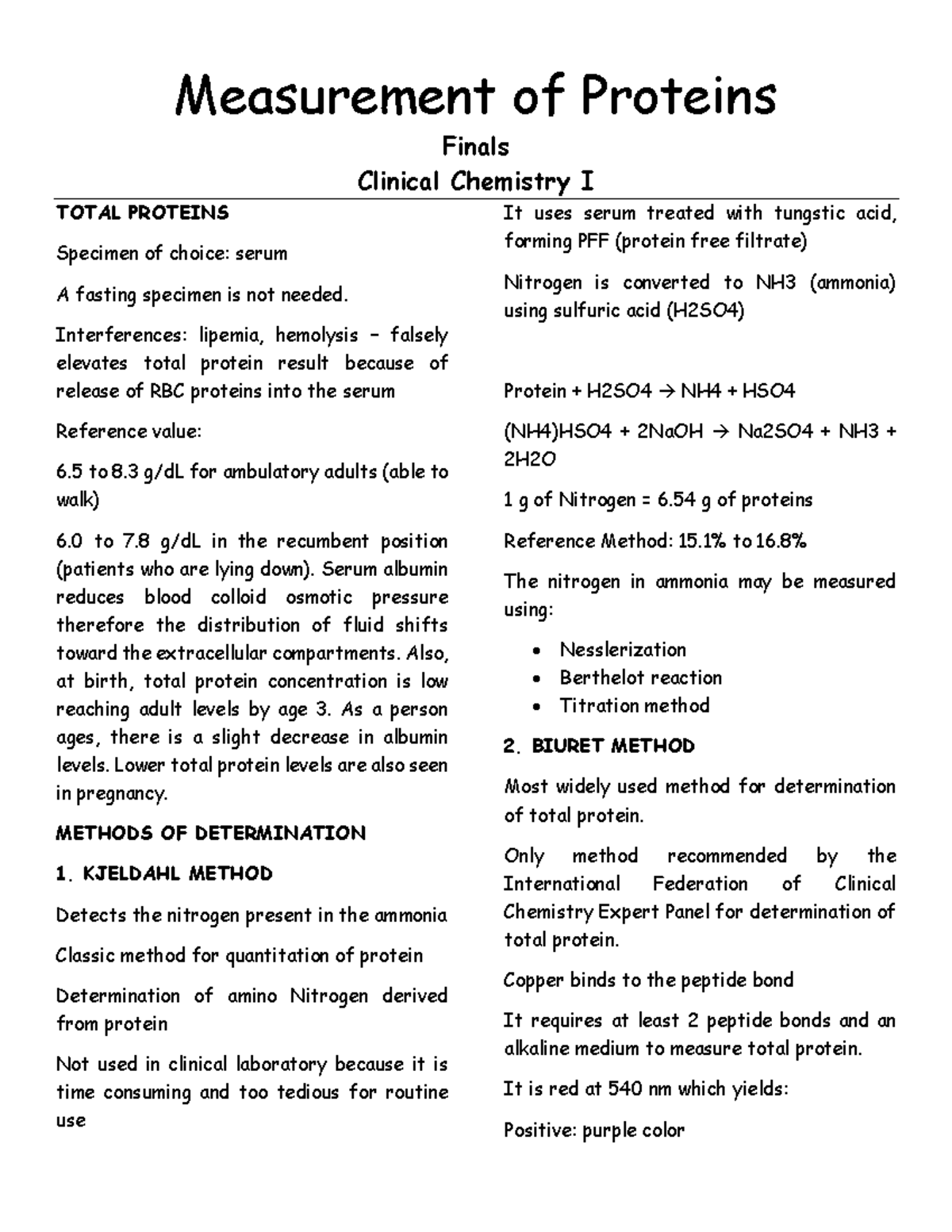 Measurement of Proteins Measurement of Proteins Finals Clinical Chemistry I TOTAL PROTEINS