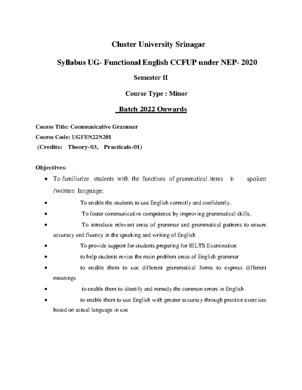 Communicat Communicative Grammar Minor Cluster University Srinagar