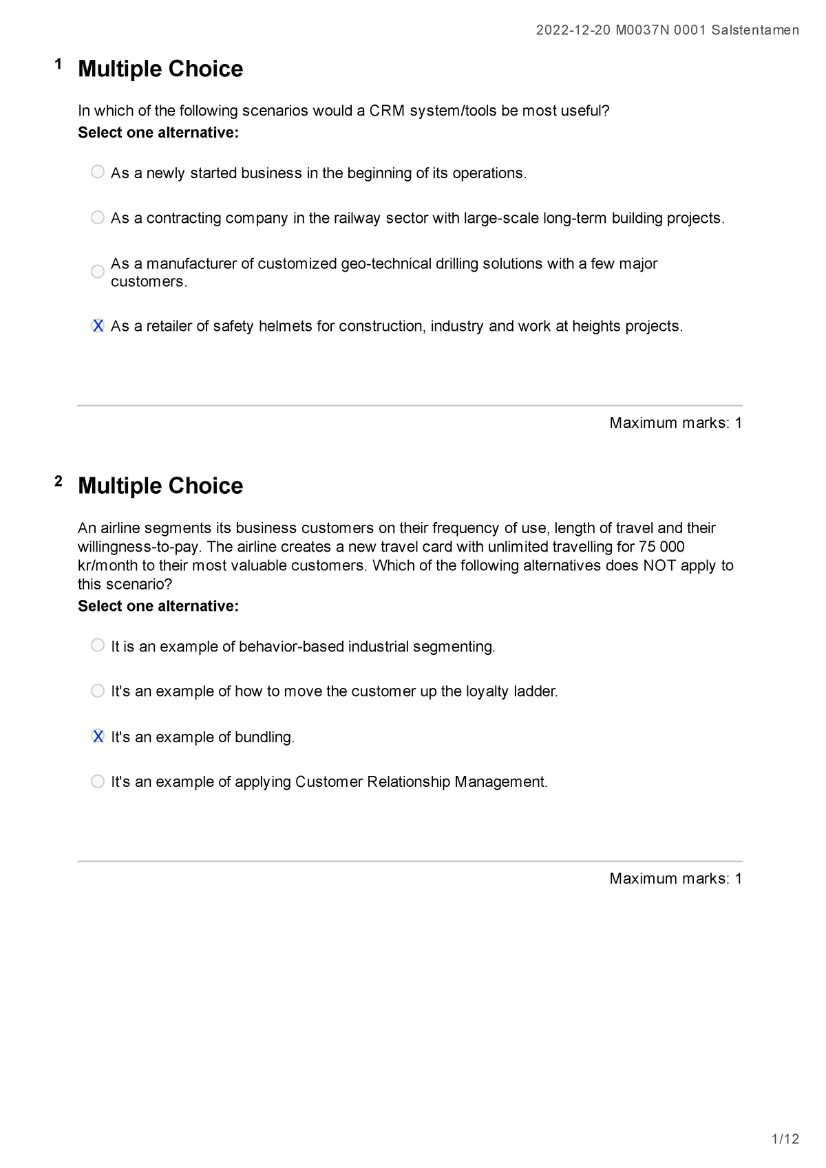 M0037n 221220 Tentafrågor 1 Multiple Choice In Which Of The Following Scenarios Would A Crm 7209