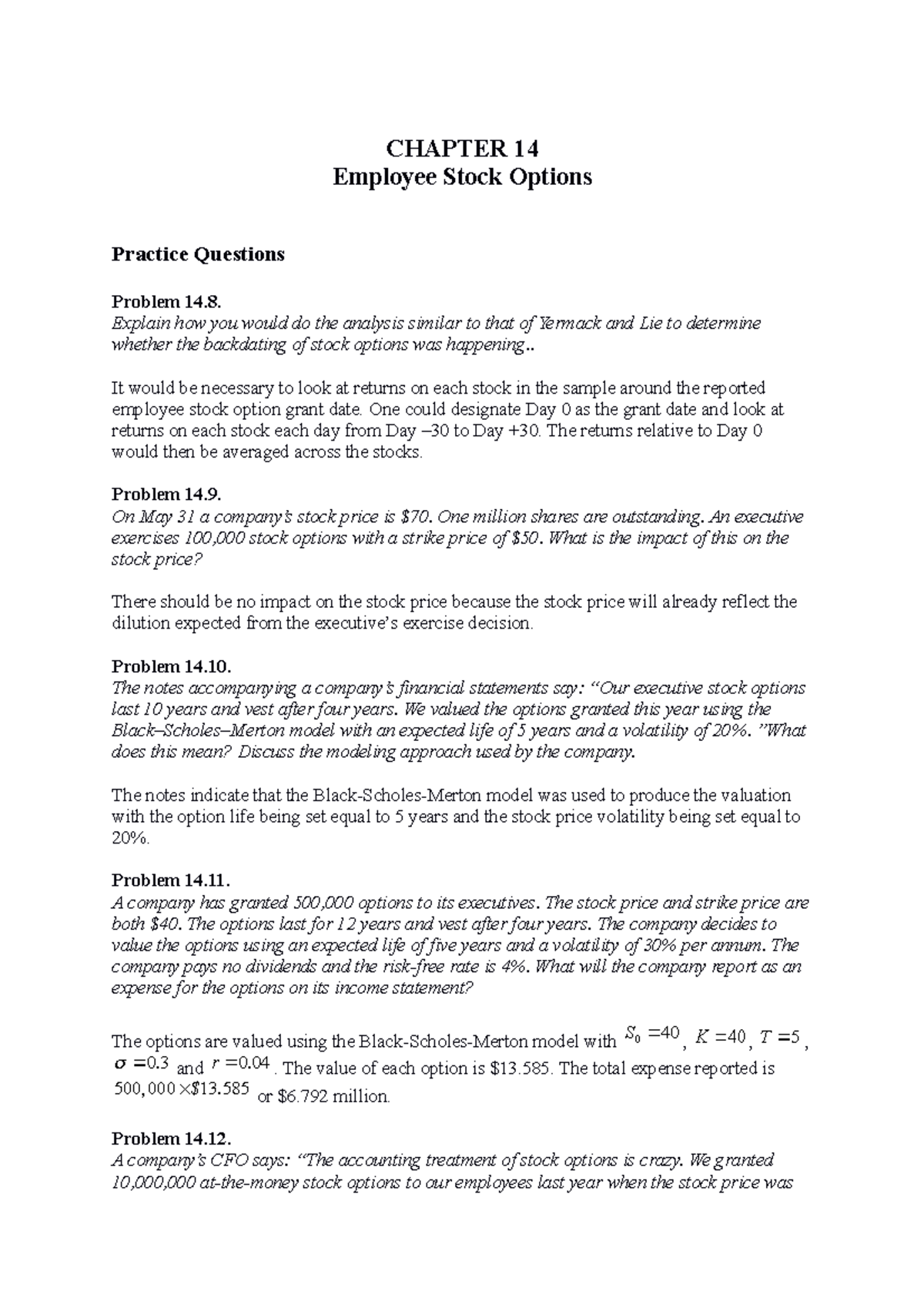 Hull Fund 9e Ch14Problem Solutions - CHAPTER 14 Employee Stock Options ...