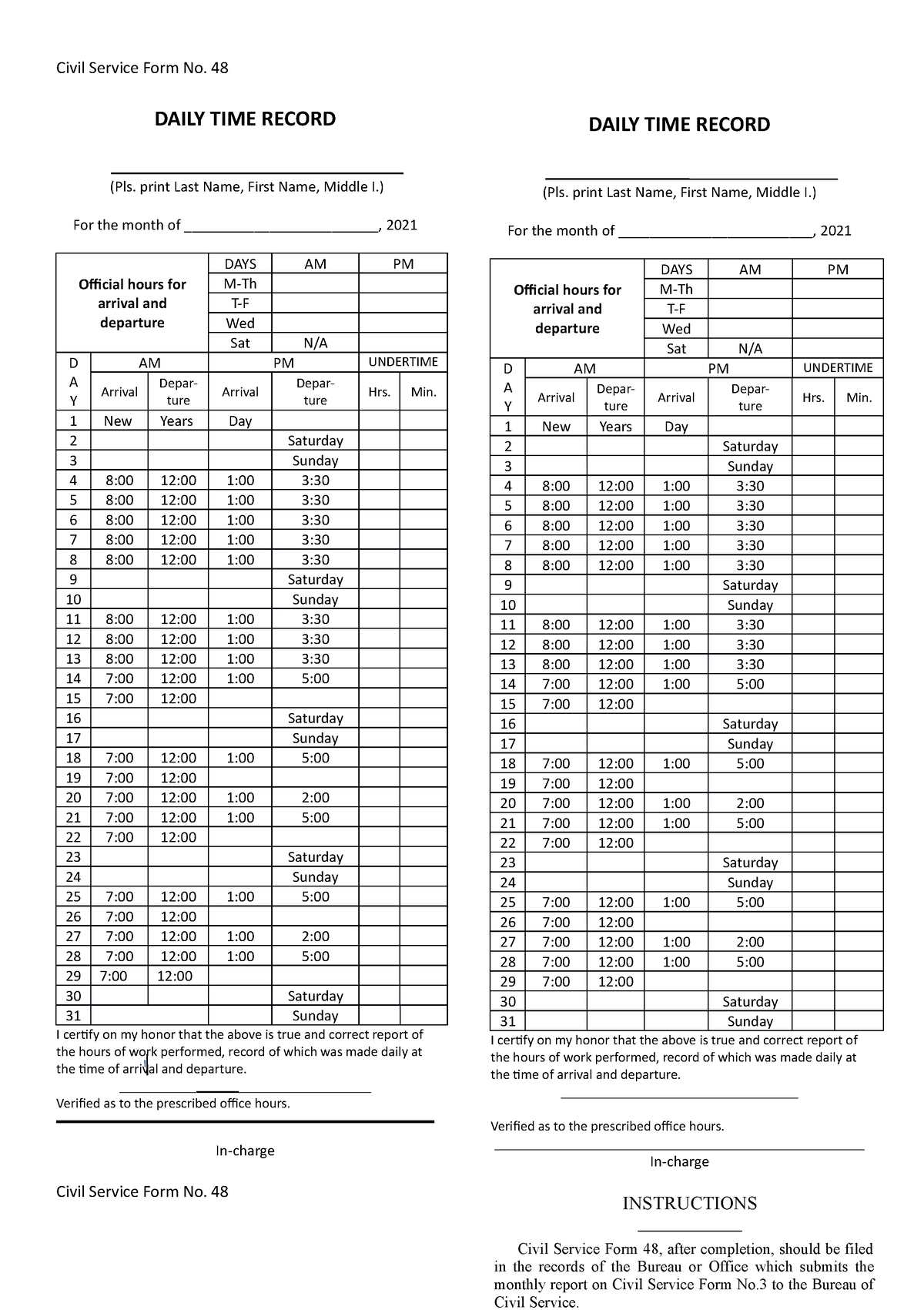 Blank Dtr Dsgryt Civil Service Form No 48 Daily Time Record Pls