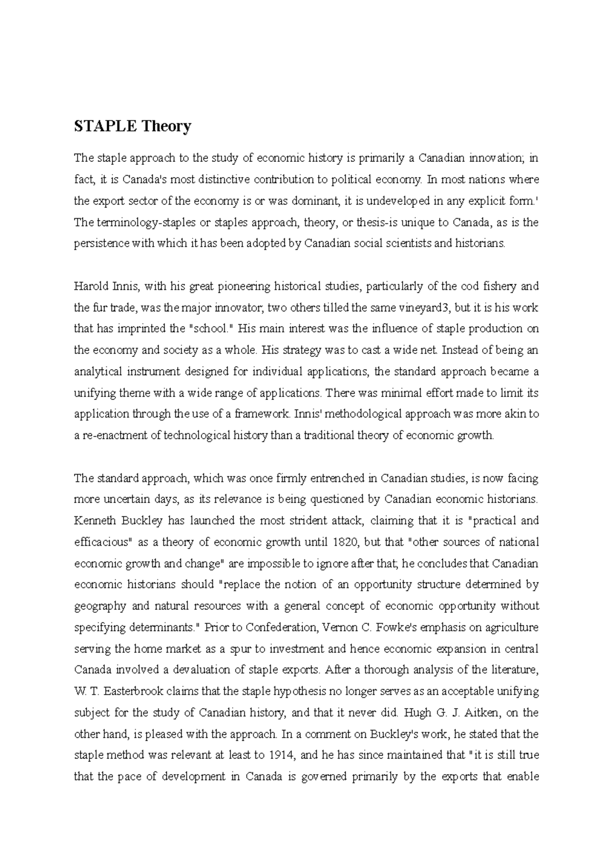 Staple Theory and Mixed Economy Economics Model of Canada STAPLE