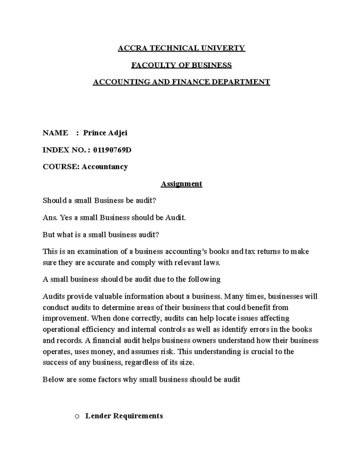 Auditing Asignment - ACCRA TECHNICAL UNIVERTY FACOULTY OF BUSINESS ...