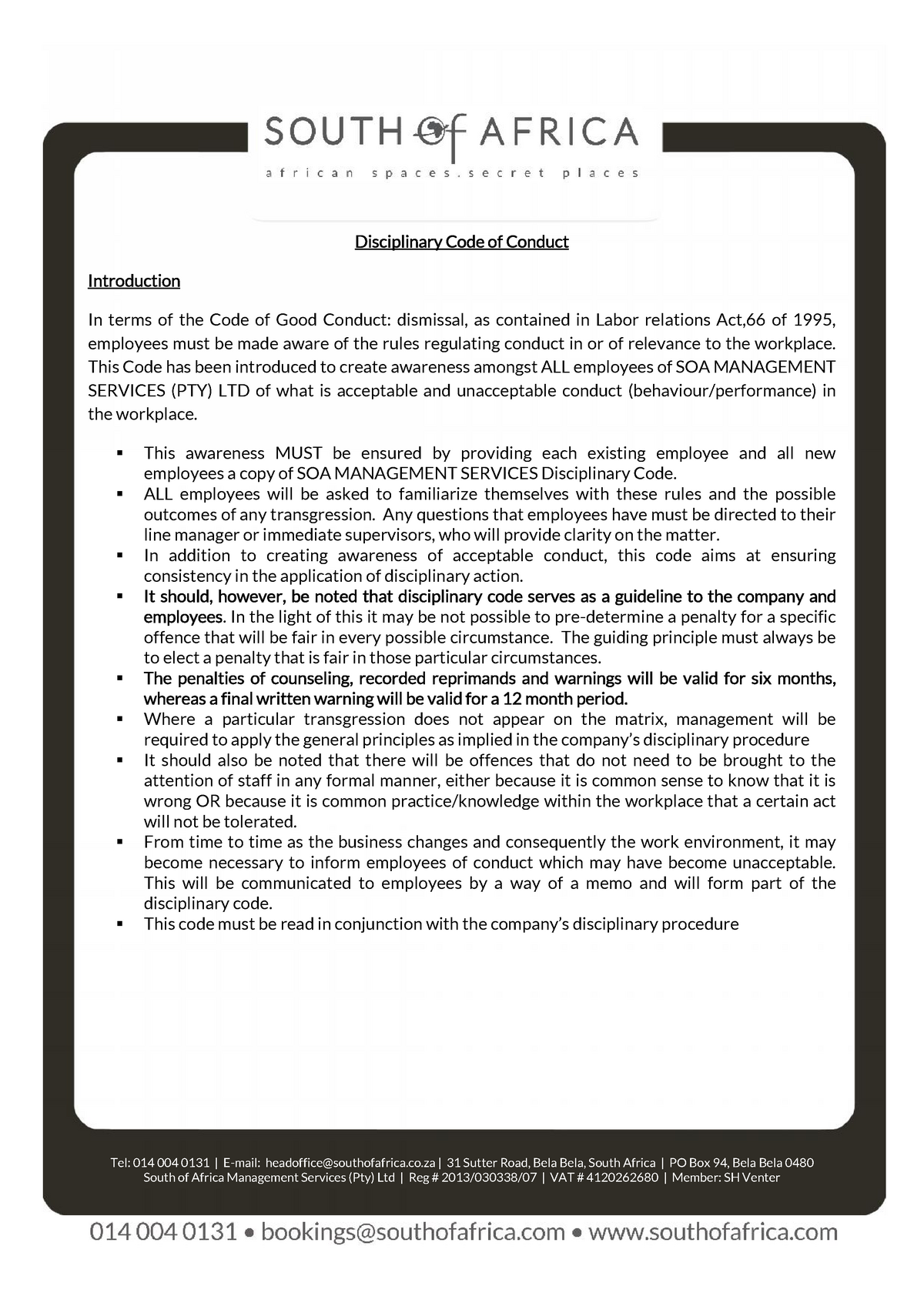 Disciplinary Code And Procedure South Africa Template