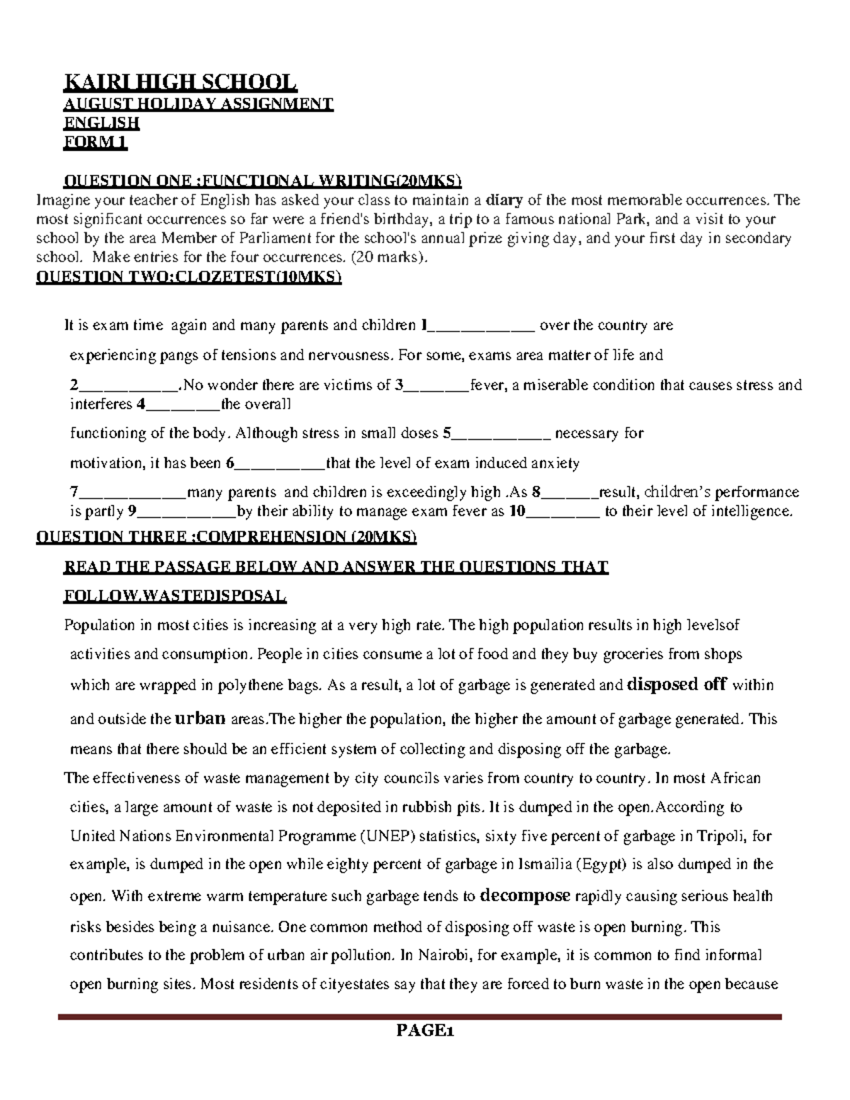 school holiday assignment pdf