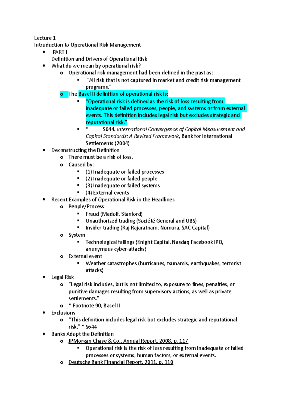 Operational Risk Management ” o The Basel II definition of