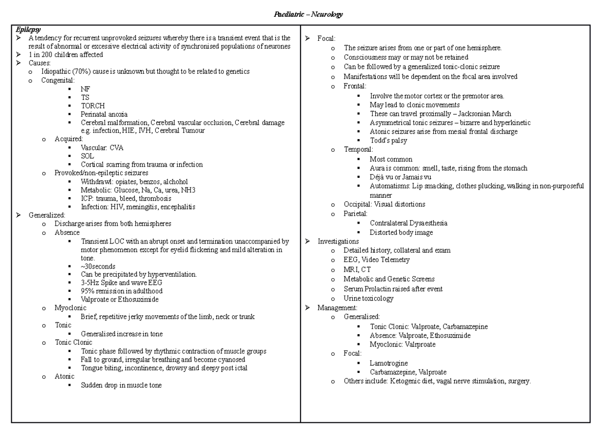 Neurology in Paeds - Paediatric – Neurology Epilepsy A tendency for ...