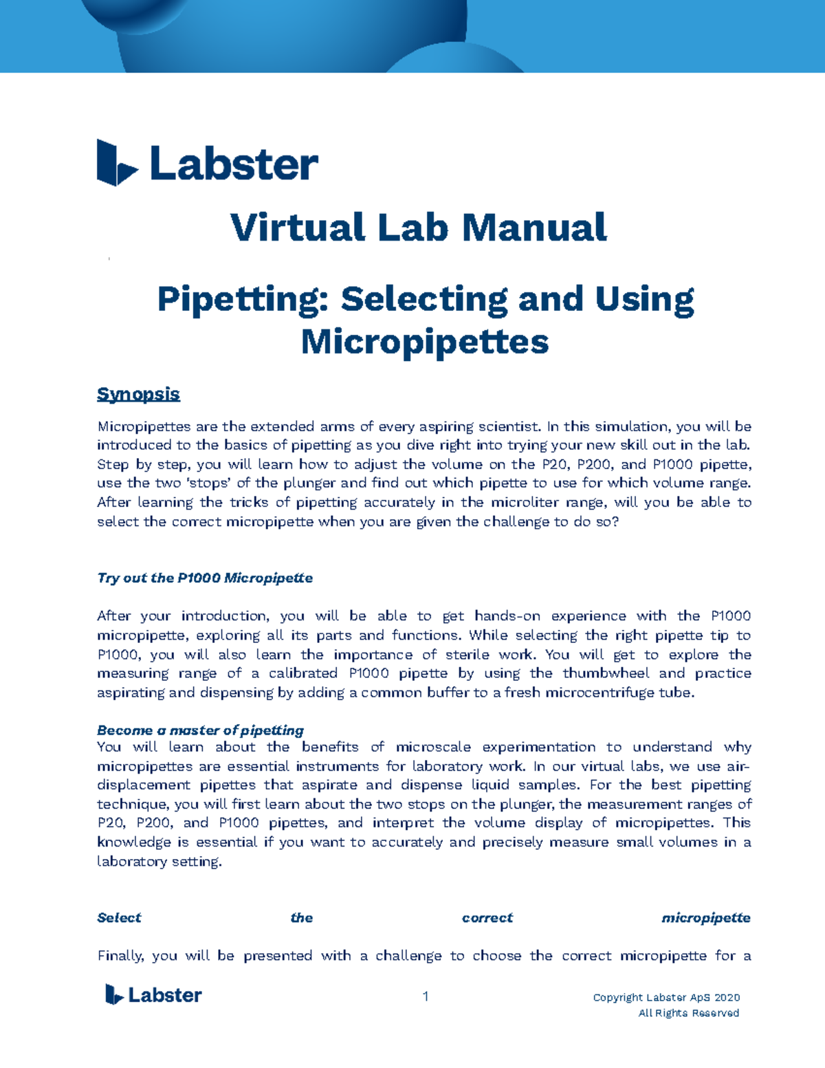 Pipetting Selecting and Using Micropipettes Lab Manual (English