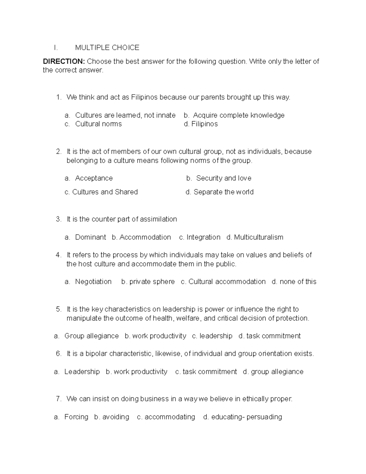 Porpusive Communication(exam) - I. MULTIPLE CHOICE DIRECTION: Choose ...