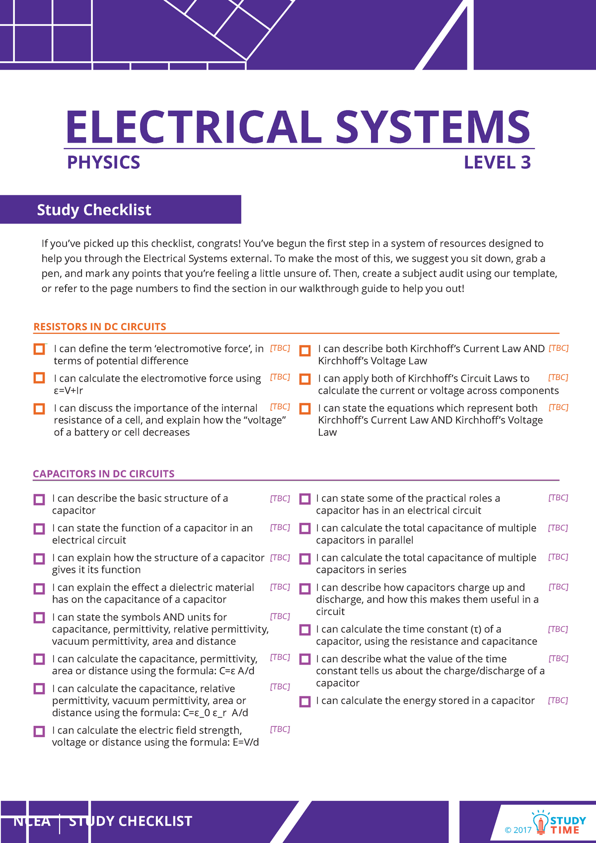 Electricity Skills Checklist - © 2017 ELECTRICAL SYSTEMS PHYSICS LEVEL ...