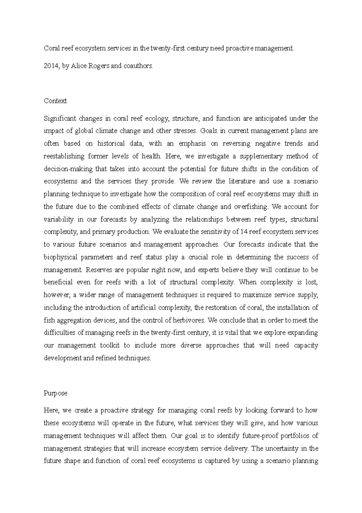 Coral reef ecosystem services (Summary) - Coral reef ecosystem services ...