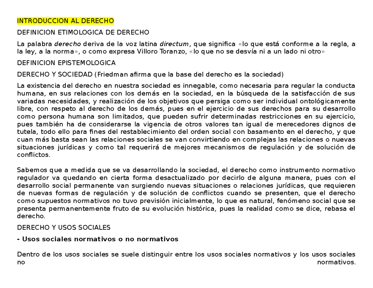 derecho privado 1 - INTRODUCCION AL DERECHO DEFINICION ETIMOLOGICA DE
