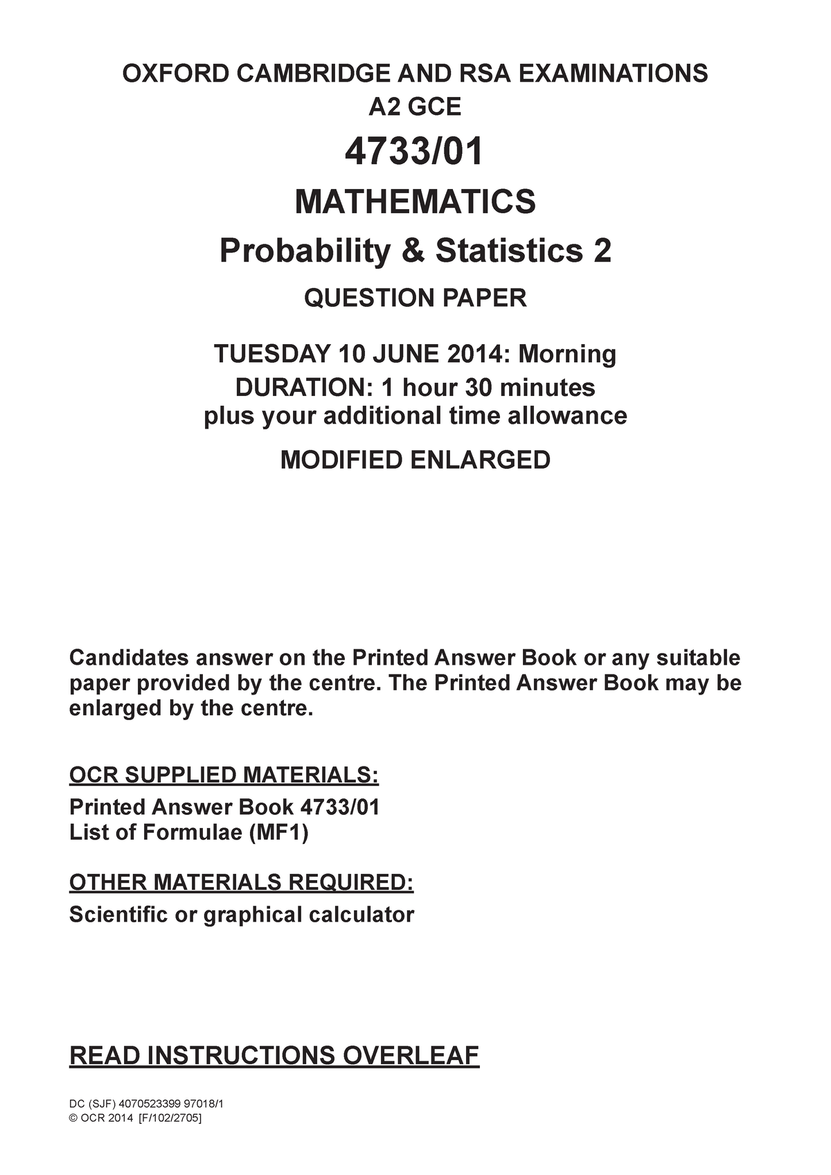 Question paper 4733 01 Probability and Statistics 2 Candidates