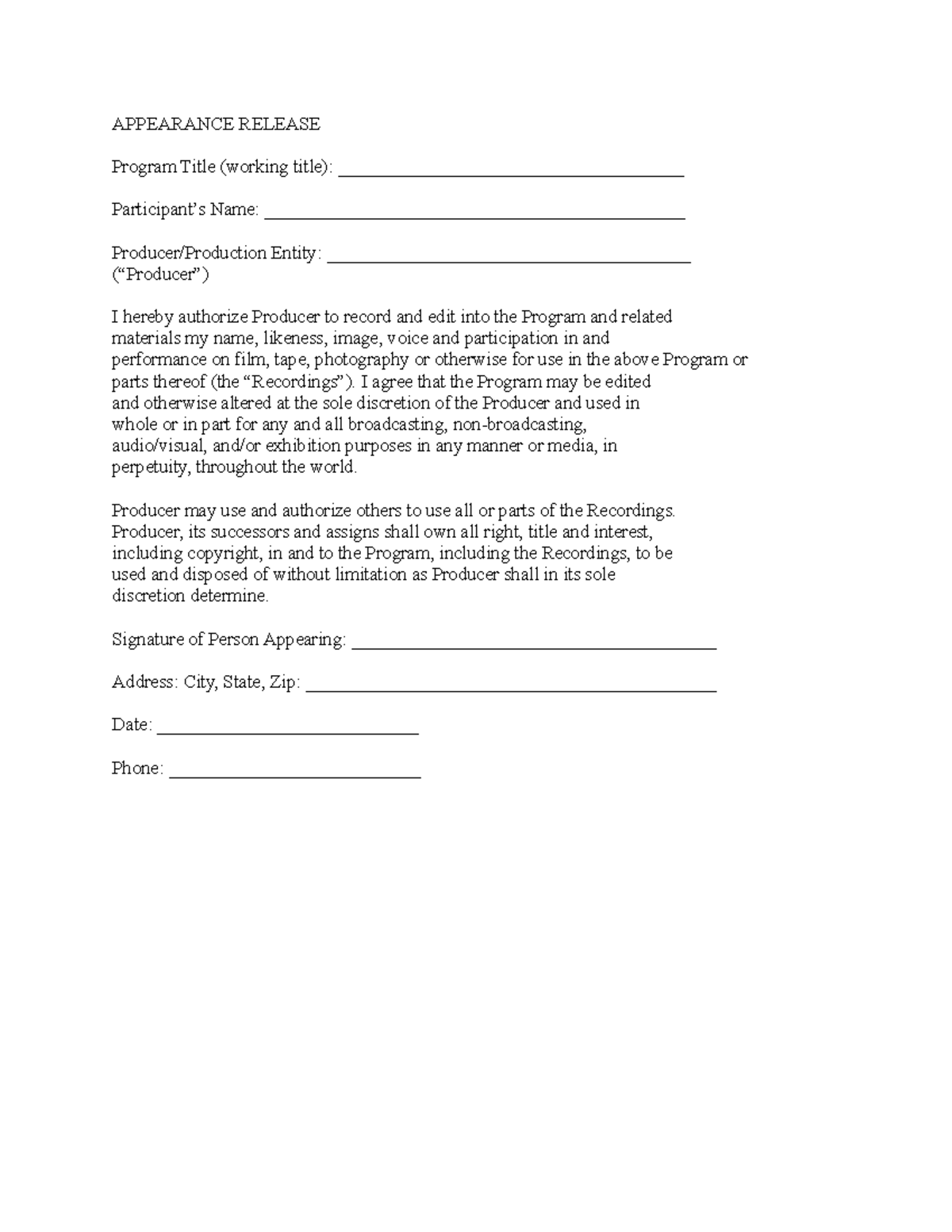 Appearance Release APPEARANCE RELEASE Program Title (working title) Studocu