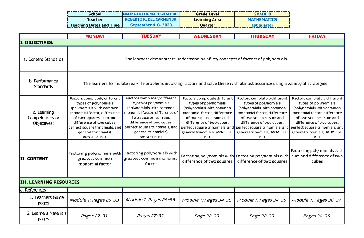 SEPT 4-8 - Lesson Log - School Grade Level GRADE 8 Teacher Learning ...