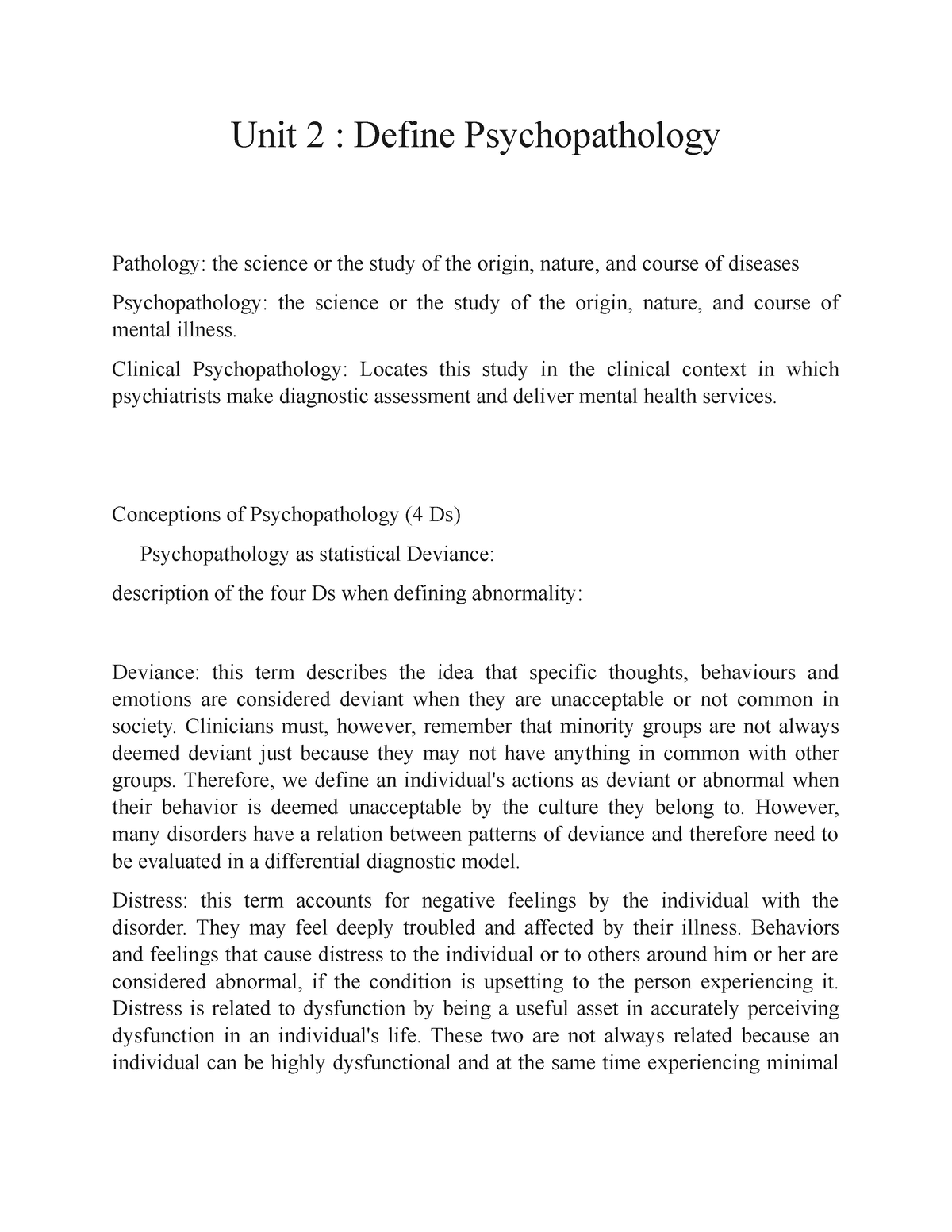 Pathology - Unit 2 : Define Psychopathology Pathology: the science or ...