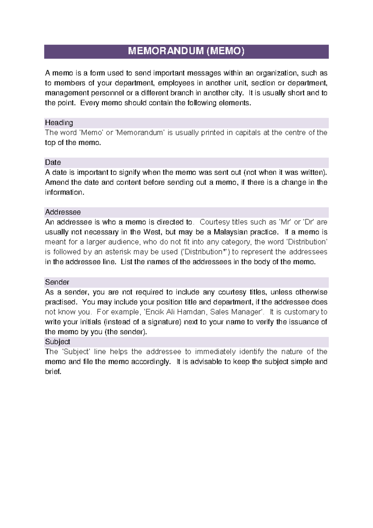 Sample OF MEMO- Agenda- MOM - MEMORANDUM (MEMO) A memo is a form used ...