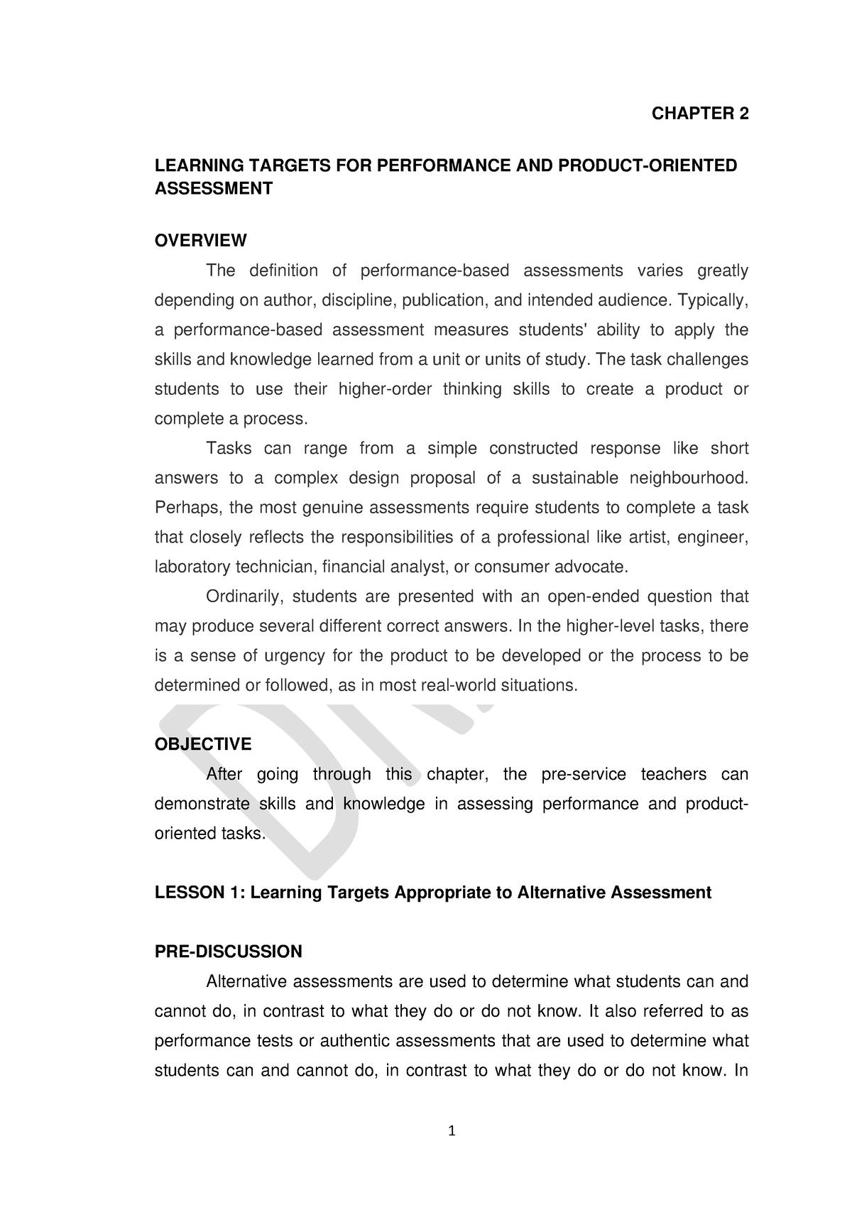 Chapter 2 (Module) - N/a - CHAPTER 2 LEARNING TARGETS FOR PERFORMANCE ...