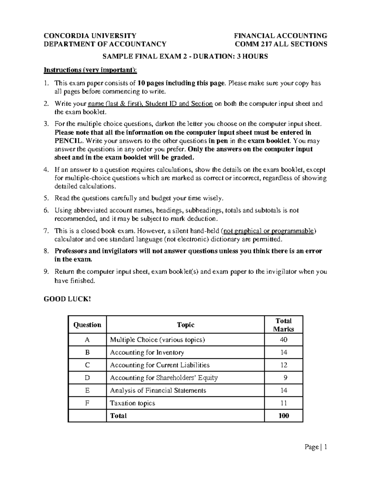 Sample Final Exam - 2 - CONCORDIA UNIVERSITY FINANCIAL ACCOUNTING ...