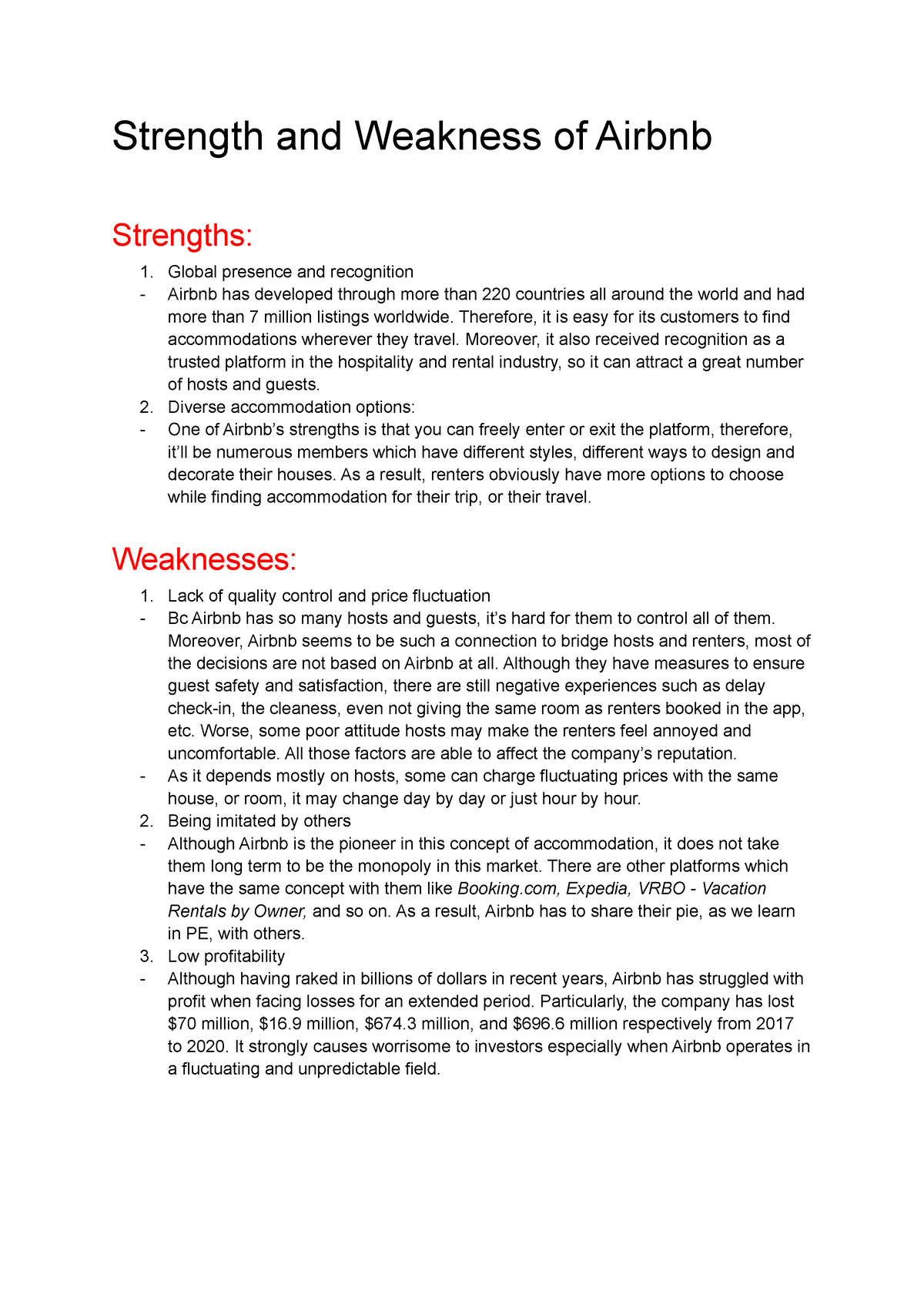 SWOT Airbnb - Summary Principles Of Marketing - Strength And Weakness ...