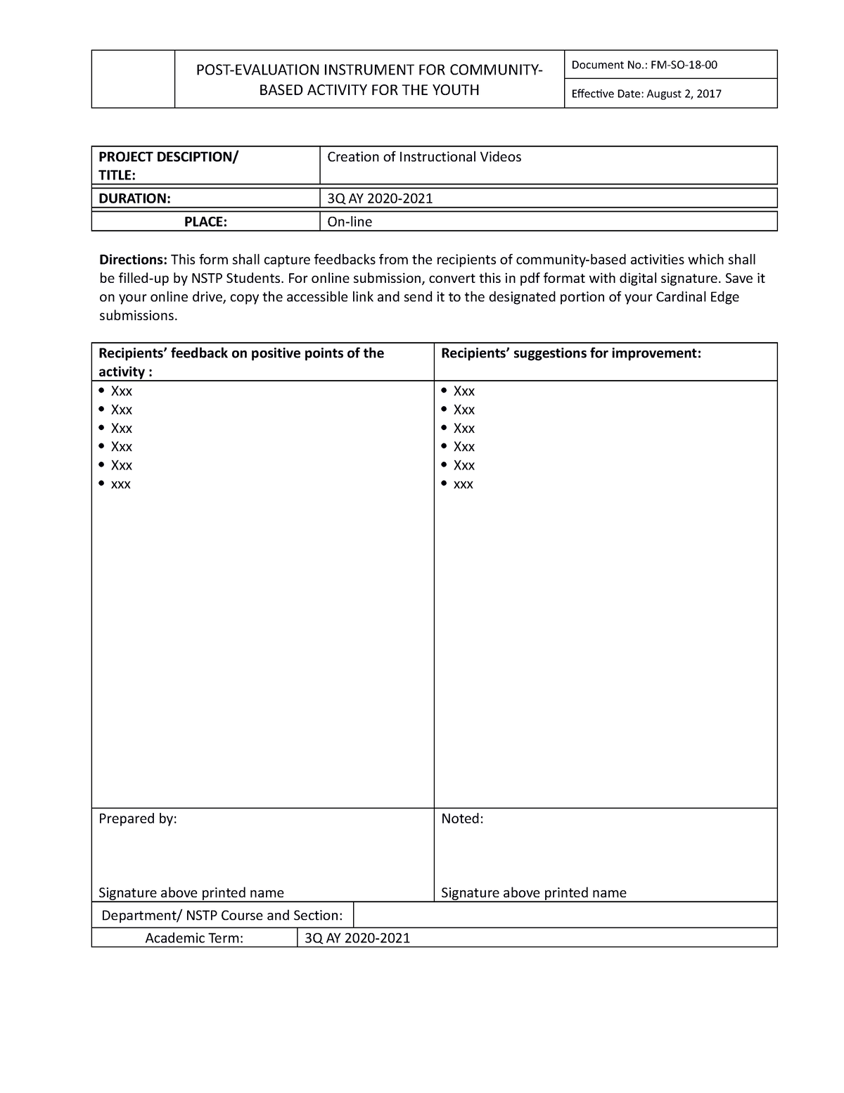 Post-Evaluation Instrument For Community-Based Activity For The Youth ...