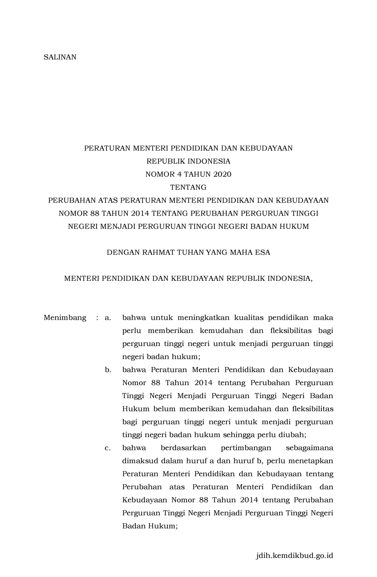 Salinan Permendikbud 4 Tahun 2020 - SALINAN SALINAN MENTERI PENDIDIKAN ...