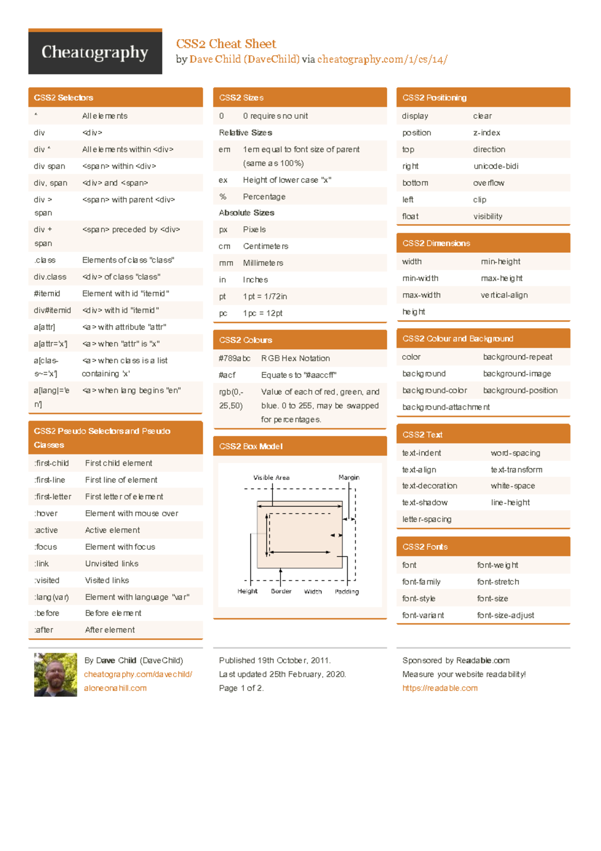 CSS Cheatsheet - CSS2 Cheat Sheet by Dave Child (DaveChild) via ...