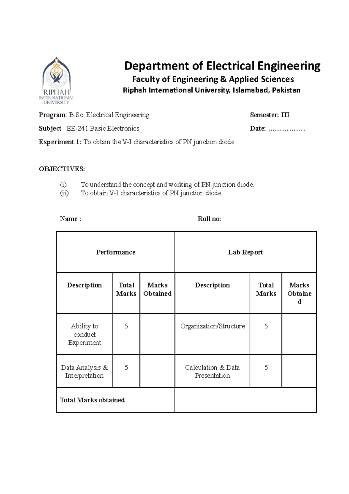 Basic electronic lab no 1 sap 27494 - Department of Electrical ...