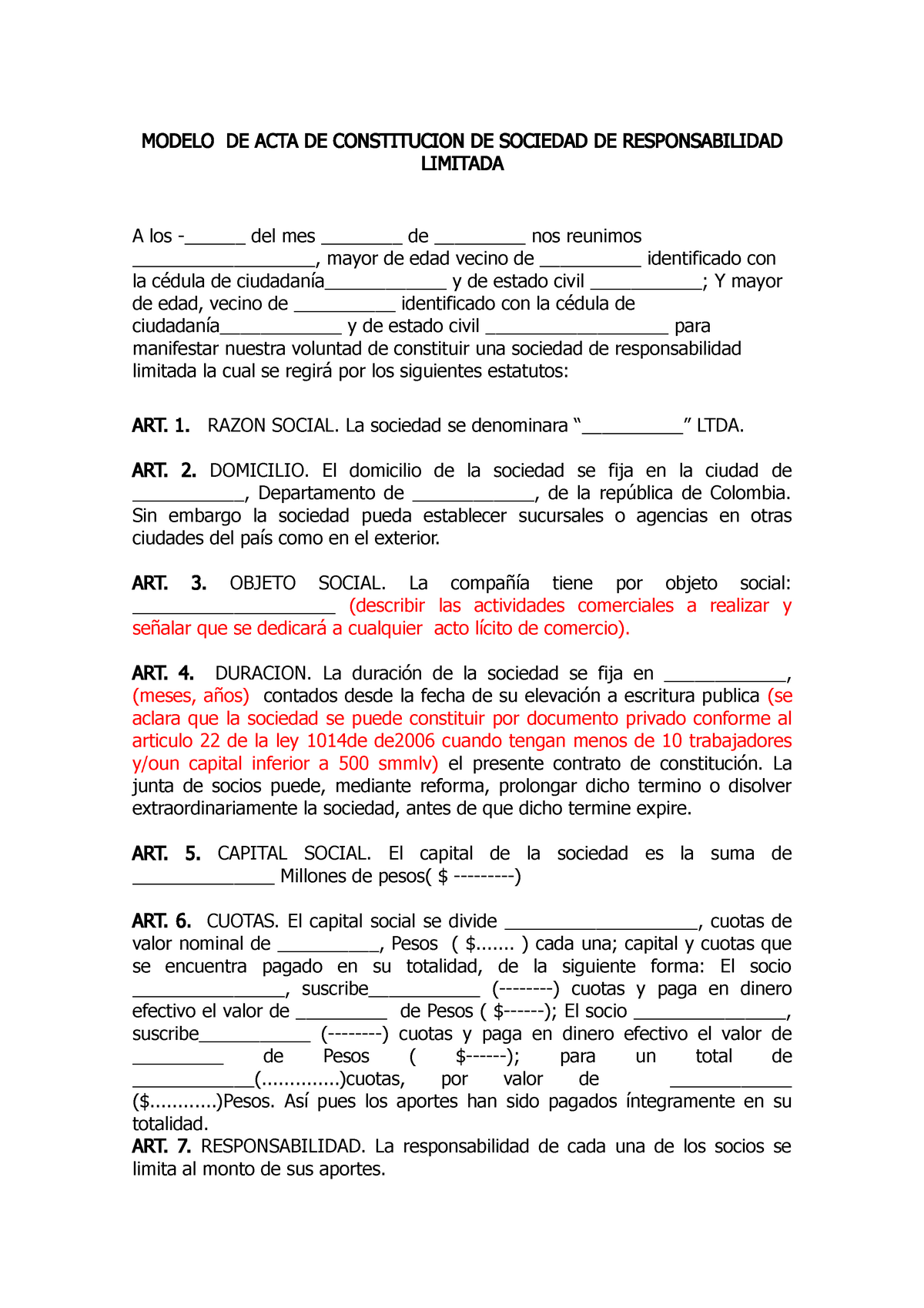 Acta constitucion ltda - MODELO DE ACTA DE CONSTITUCION DE SOCIEDAD DE  RESPONSABILIDAD LIMITADA A - Studocu