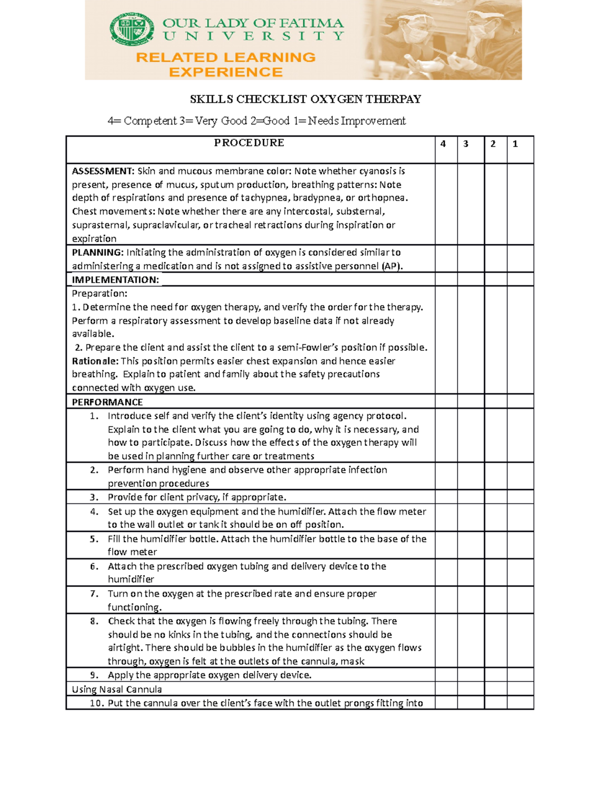 OxygenTherapy1 MMM SKILLS CHECKLIST OXYGEN THERPAY 4= Competent 3
