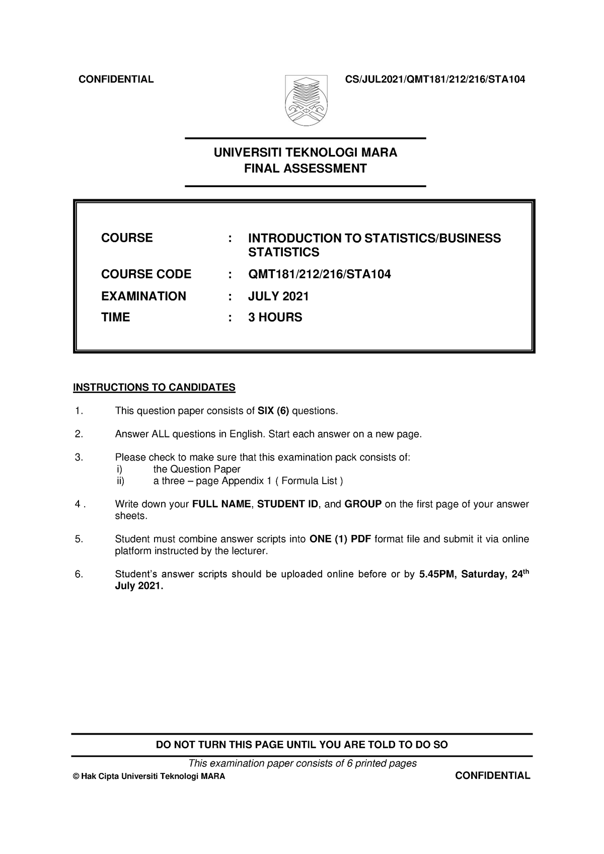 STA104 JULY 2021 - LATIHAN - UNIVERSITI TEKNOLOGI MARA FINAL ASSESSMENT ...