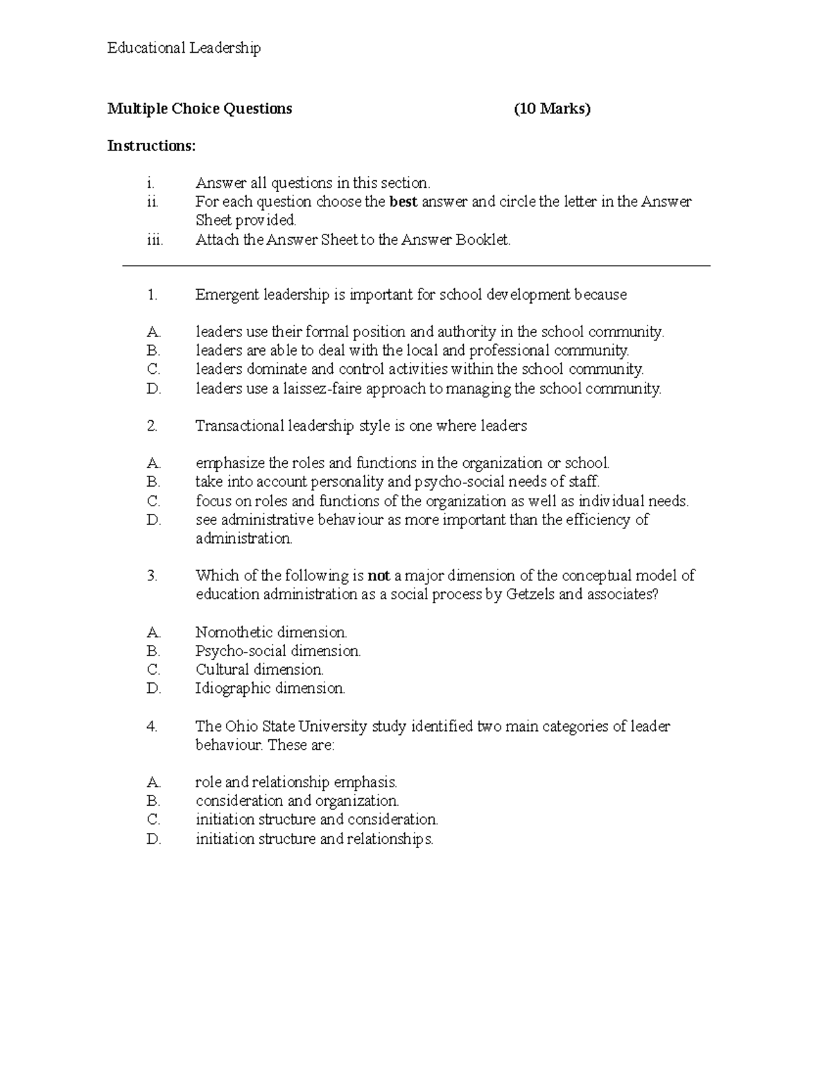 Leadership Skills - Educational Leadership Multiple Choice Questions ...