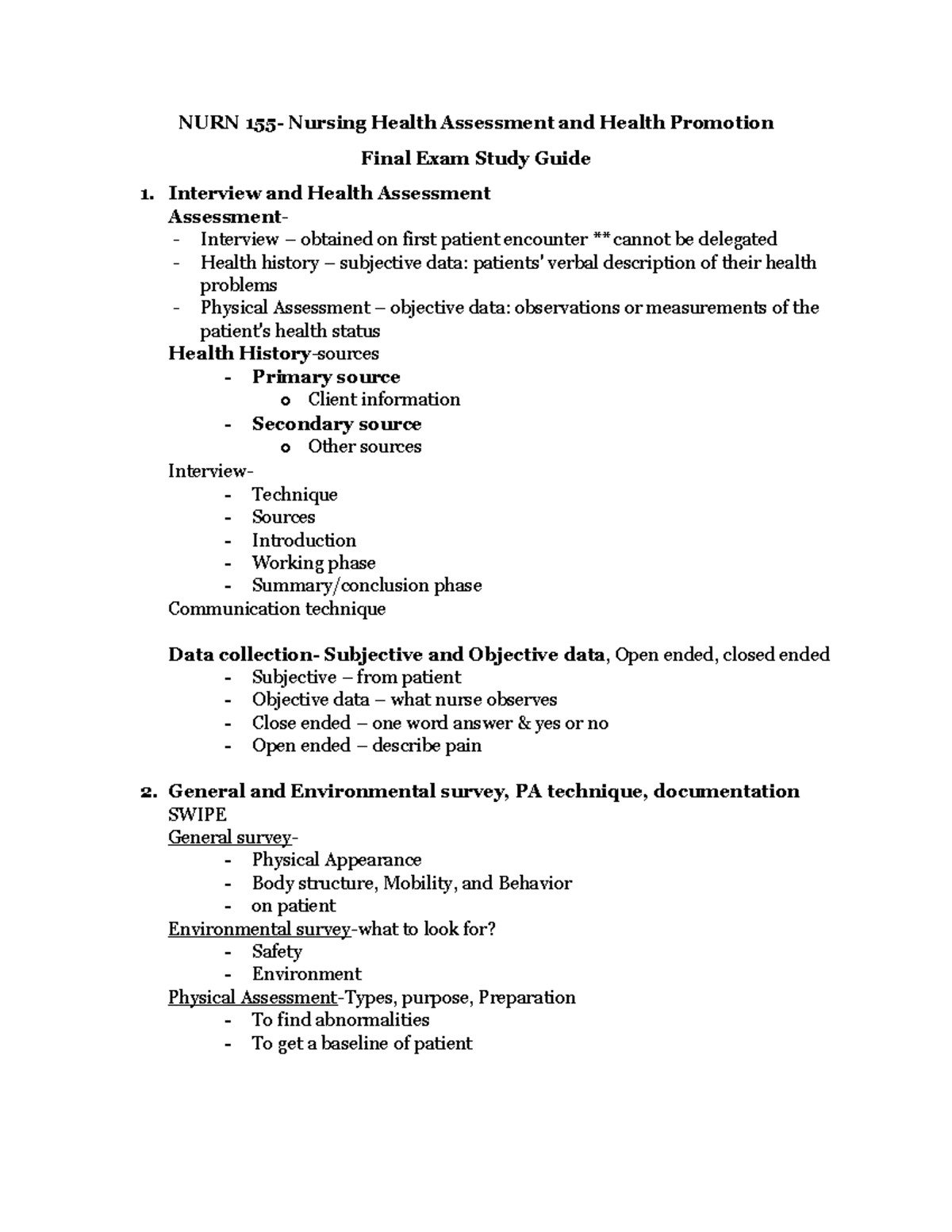 NURN 155 Final Study Guide - NURN 155- Nursing Health Assessment and ...