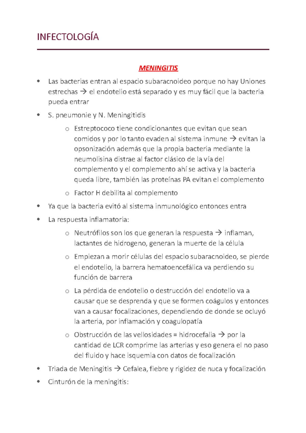 Infecto logíA - Apuntes - INFECTOLOGÍA MENINGITIS Las bacterias entran ...