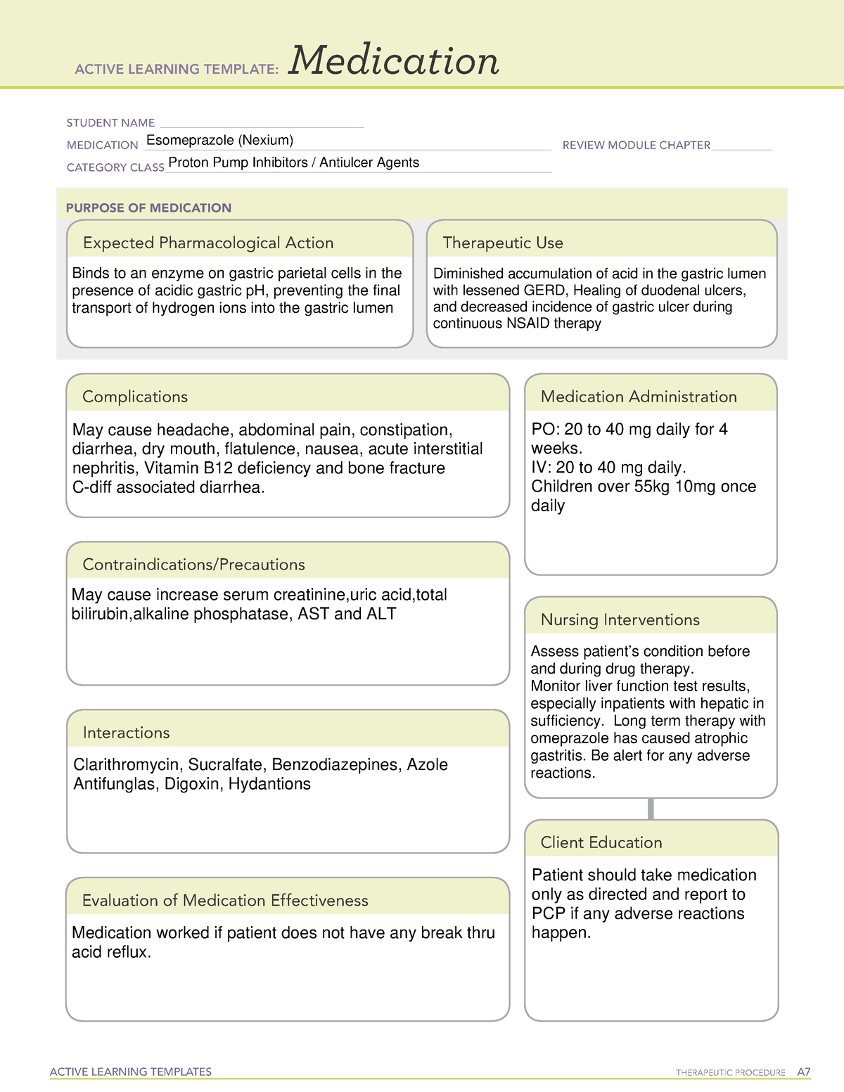 ATI Esomeprazole(Nexium) Medication Sheet ACTIVE LEARNING TEMPLATES
