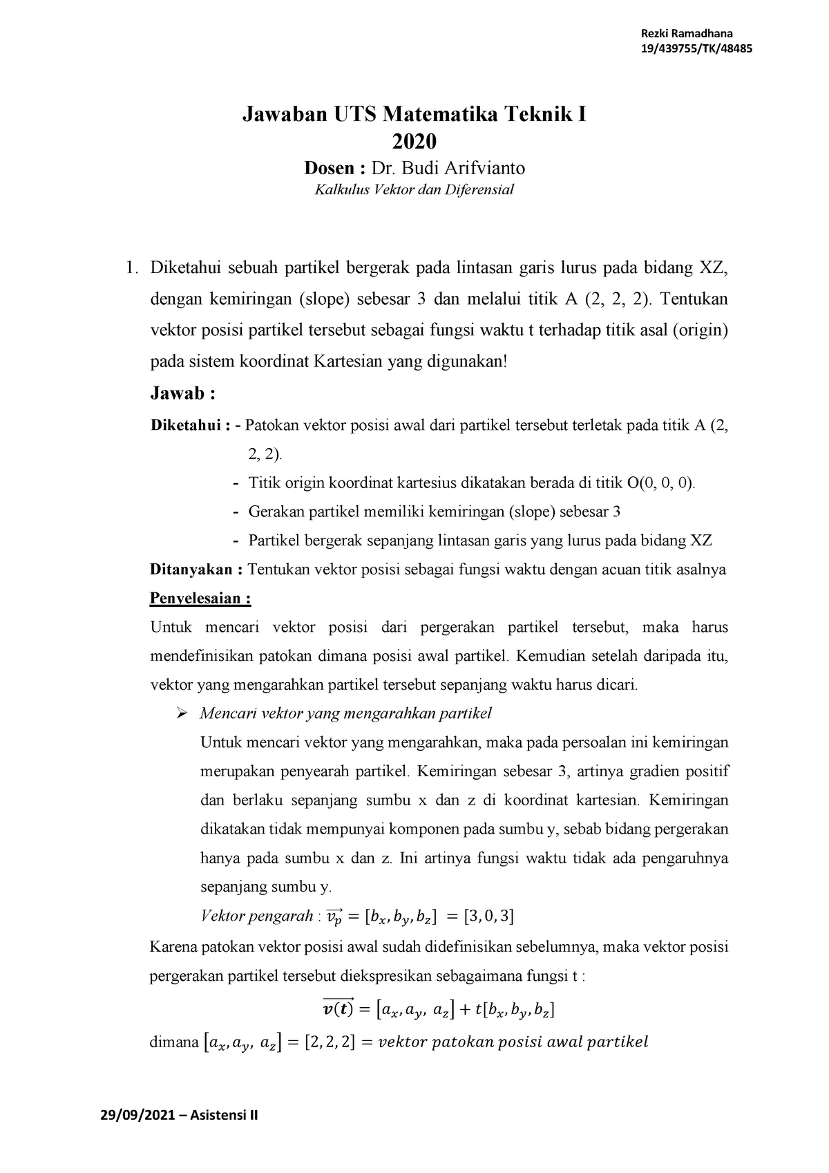 Jawaban UTS Matematika Teknik 1 2020 Pak Budi ( Vektor + Diferensial ...