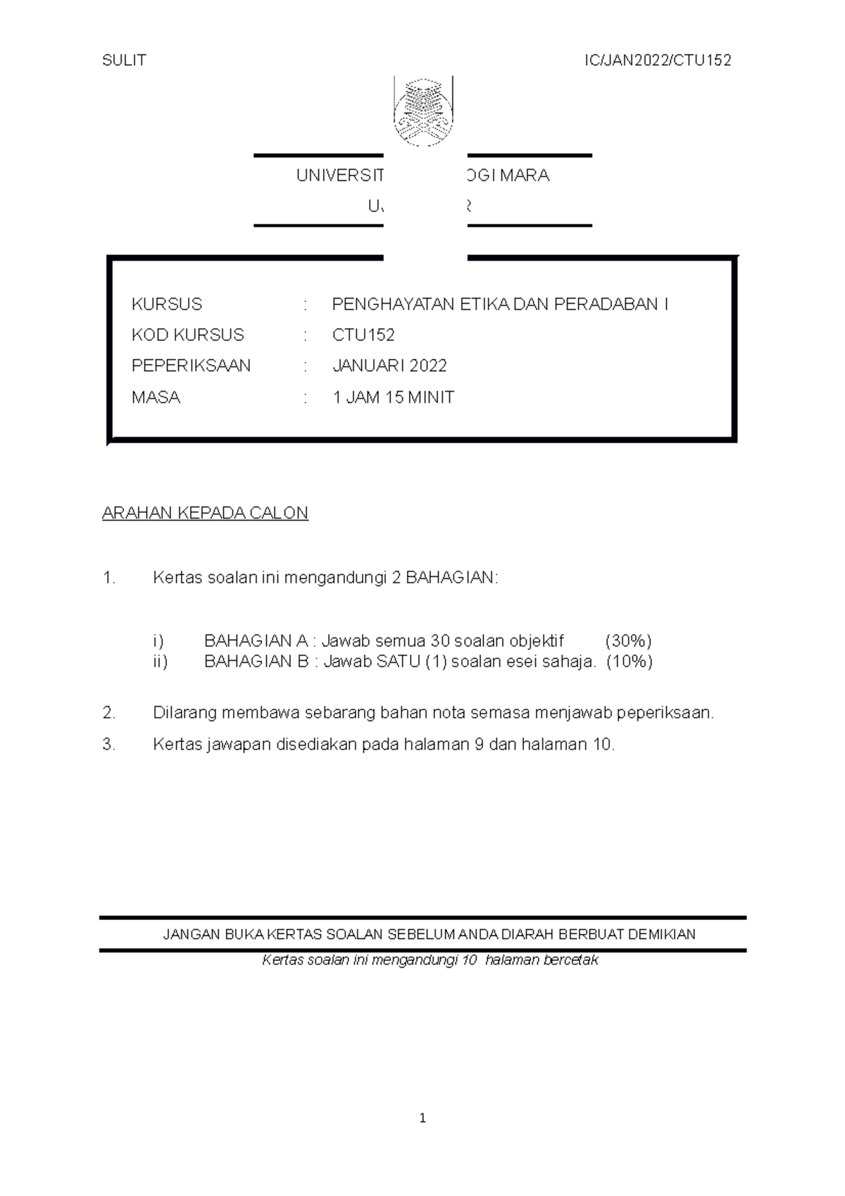Test Ctu152 Values And Civilization Universiti Teknologi Mara Ujian