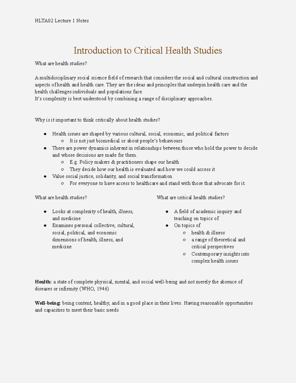 HLTA02 LECTURE 1 Intro to Critical Health Studies Introduction to