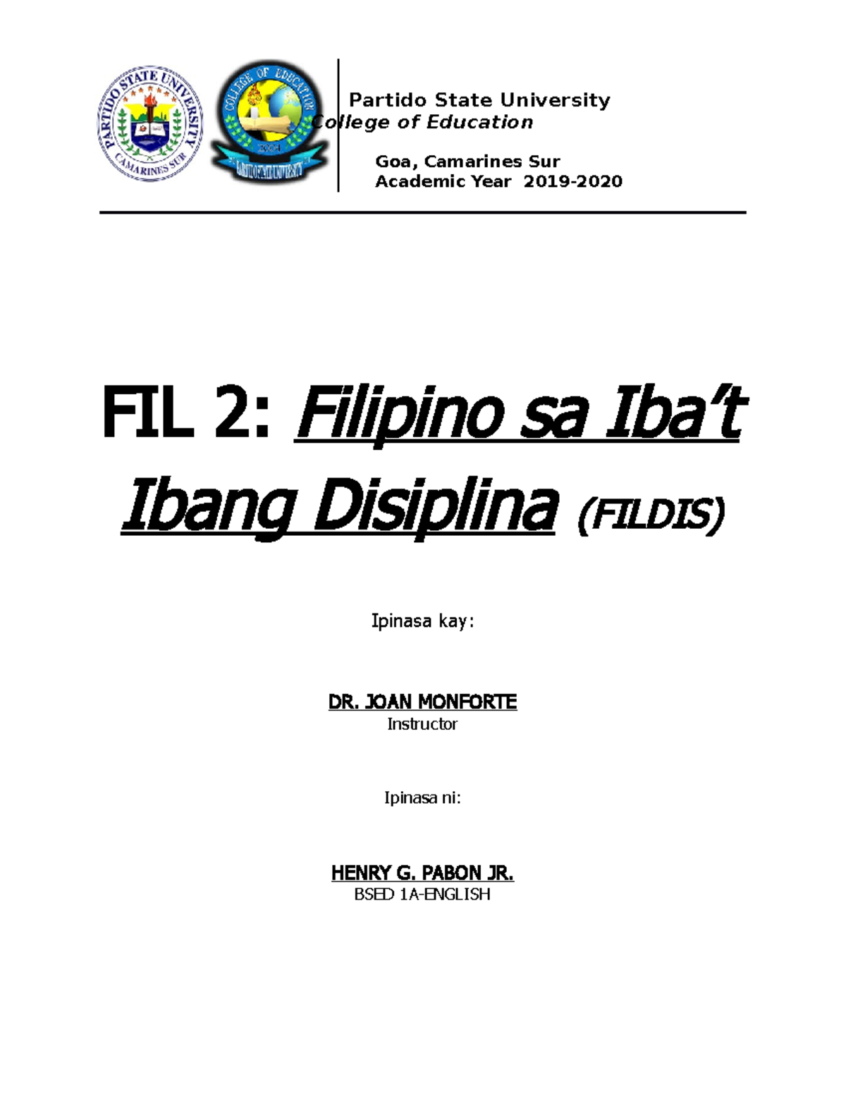 FIL 2 Filipino Sa Ibat Ibang Disiplina - Partido State University ...