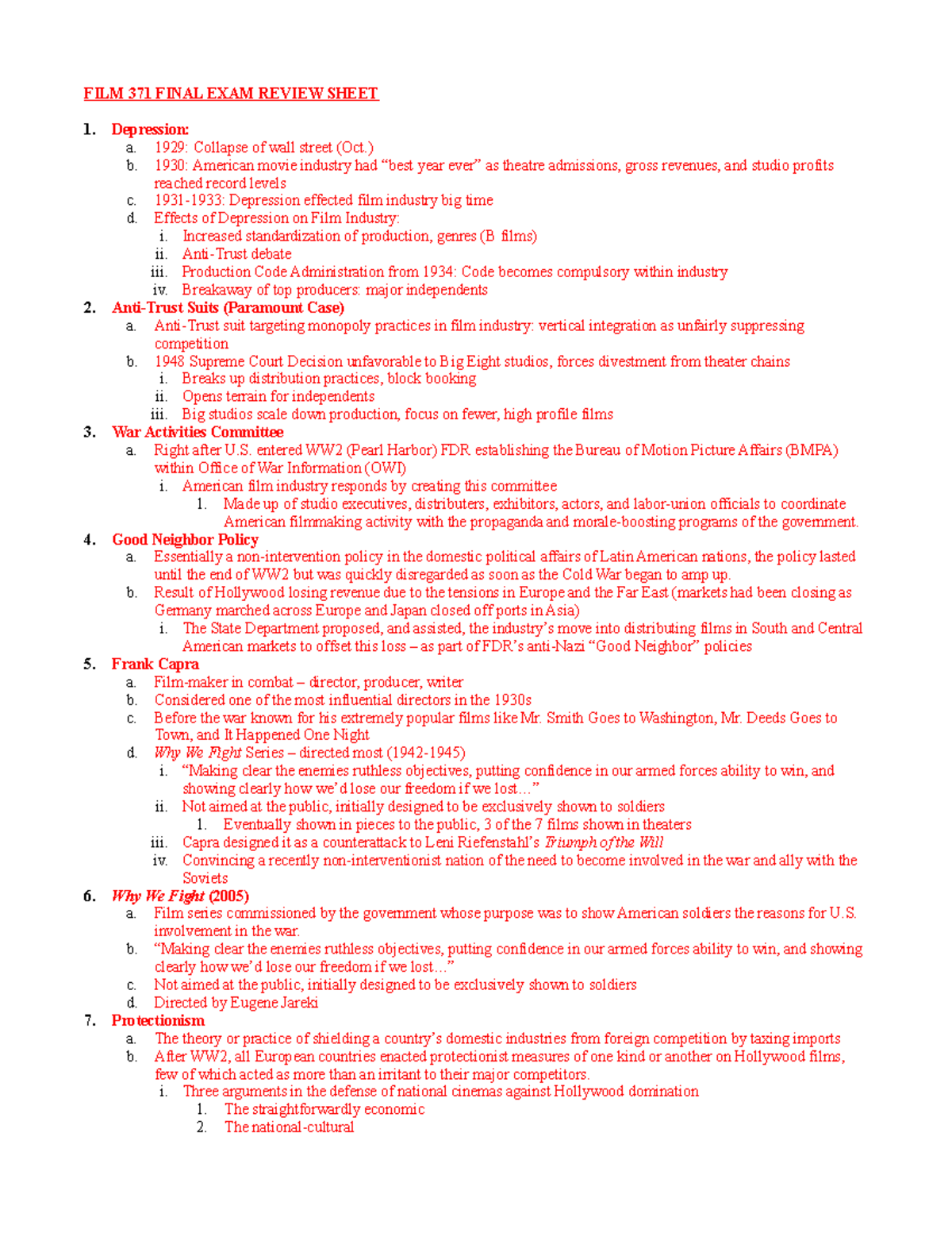 Final Exam Review Sheet (most of final) - FILM 371 FINAL EXAM REVIEW ...