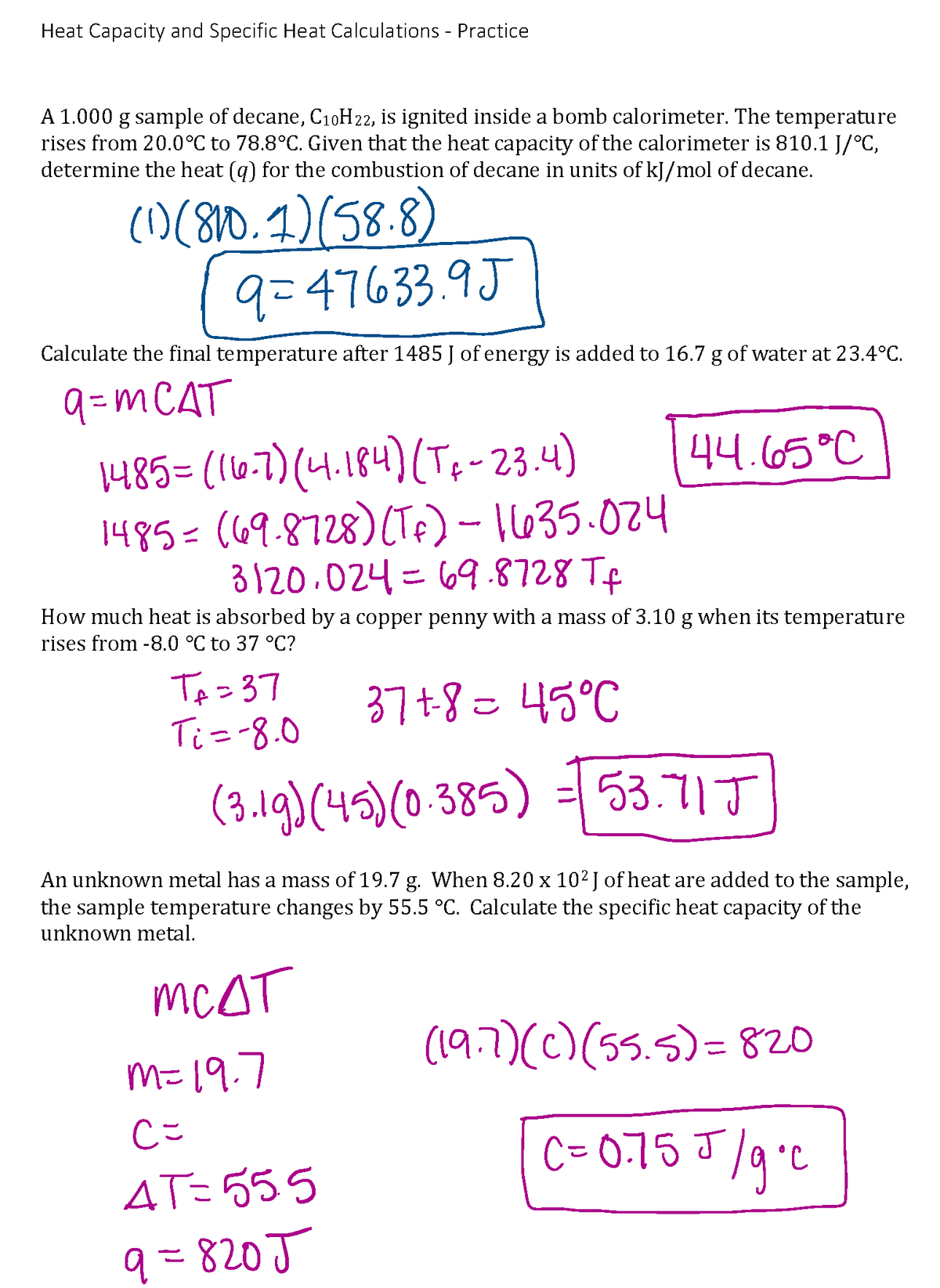 Heat Capacity And Specific Heat Calculations Practice A 1 G Sample 