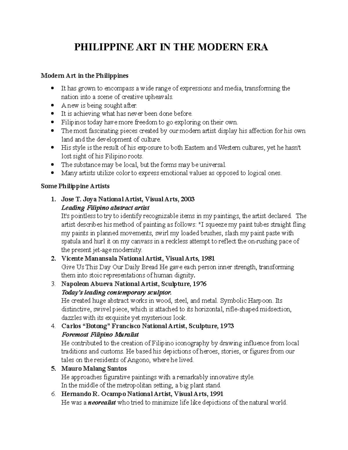 Philippine Art In The Modern Era PHILIPPINE ART IN THE MODERN ERA
