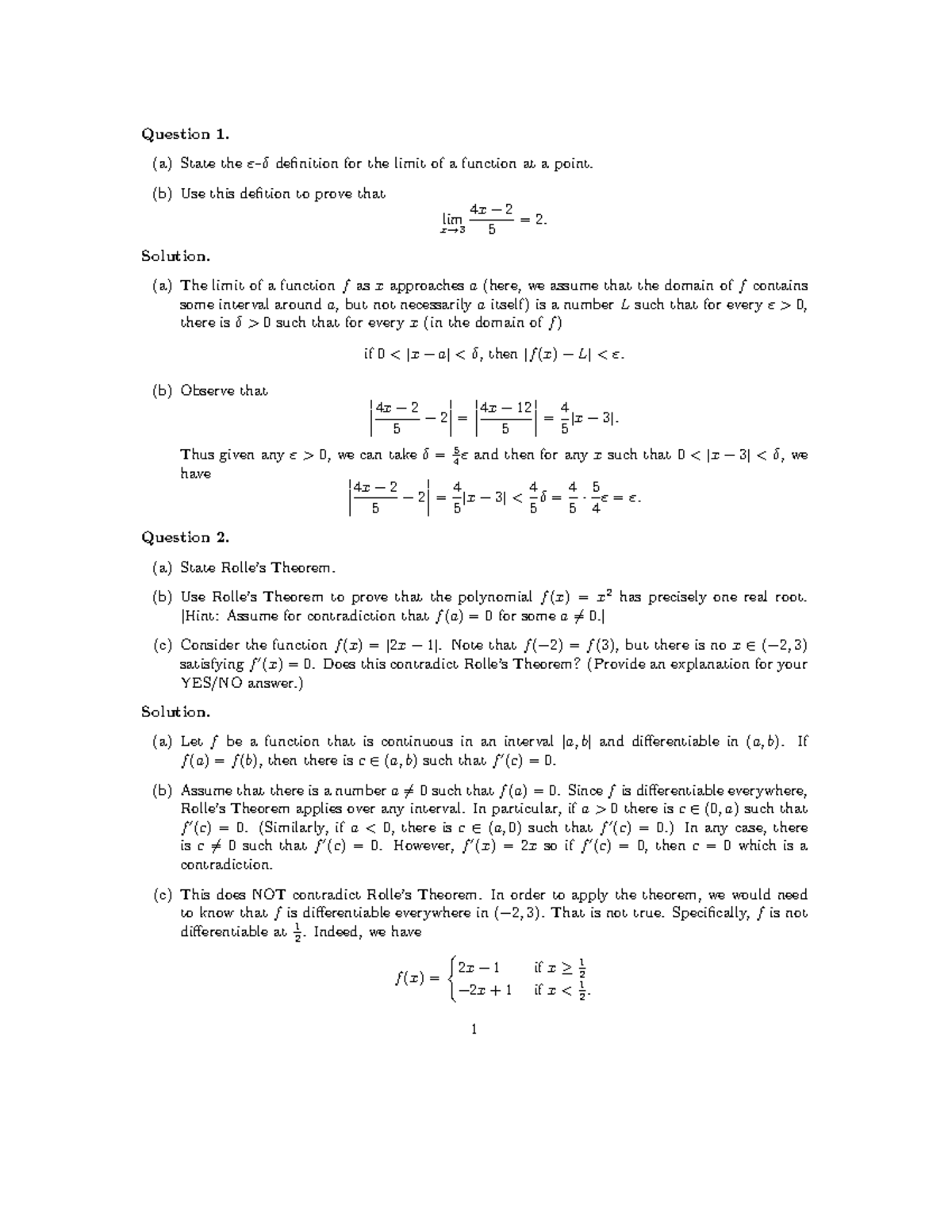 CALC1501 - Midterm 1 with Solutions - 2015 - Question 1. (a) State the ...