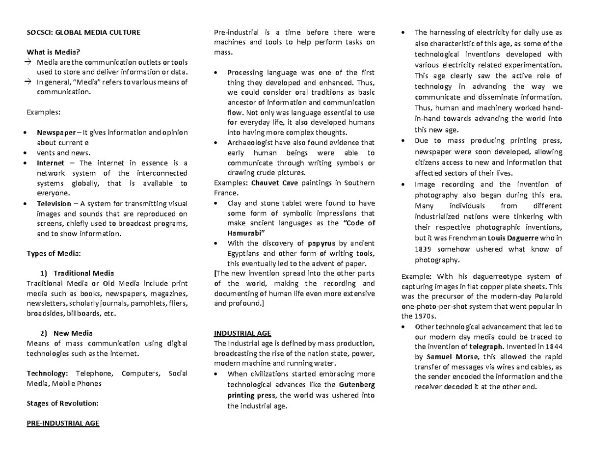 Global Media Notes SOCSCI GLOBAL MEDIA CULTURE What Is Media global-media-notes-socsci-global-media-culture-what-is-media