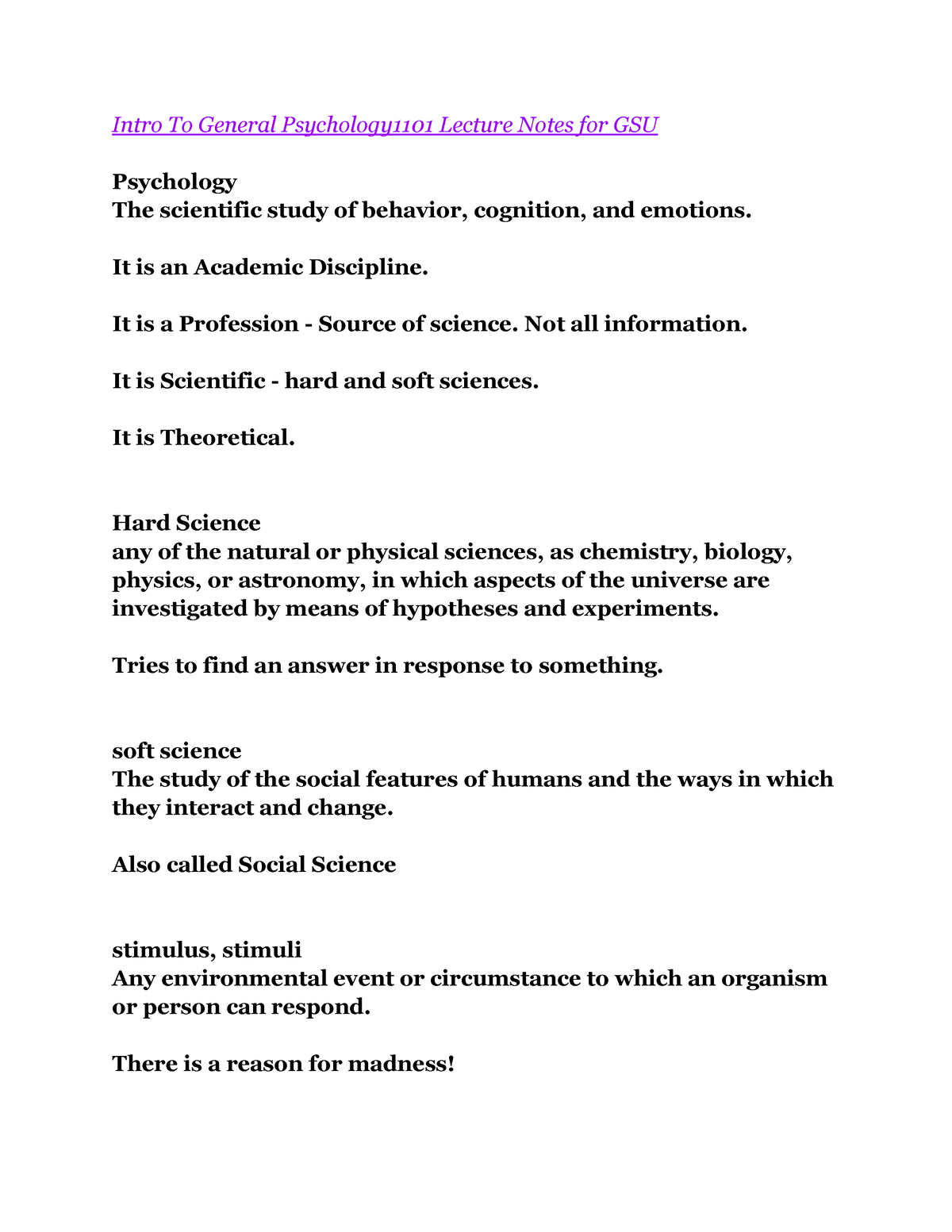 Intro To General Psychology 1101 Lecture Notes For GSU - Intro To ...